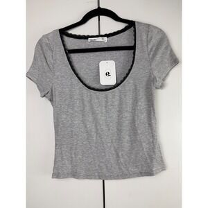 Elodie Womens Grey Ribbed Lace Trim Scoop Neck Short Sleeve Top ELTE2048-NR M